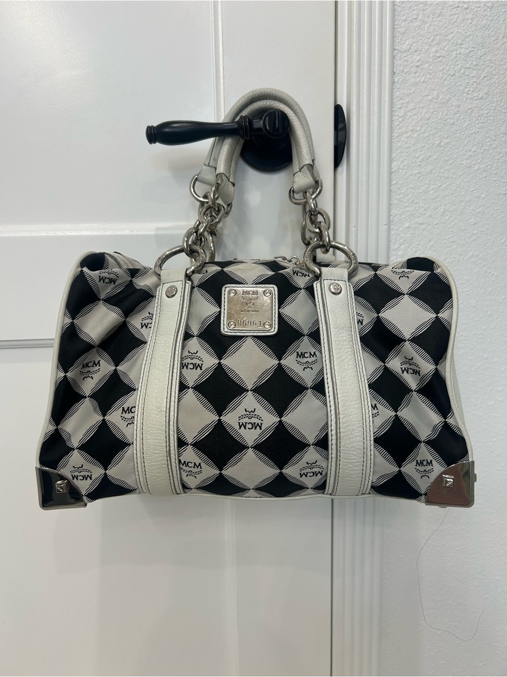 MCM Black & White Diamond Logo Top-Handle Satchel
